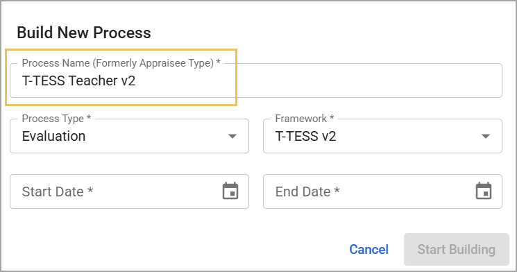 Modal to build a new T-TESS Teacher evaluation process with required fields.